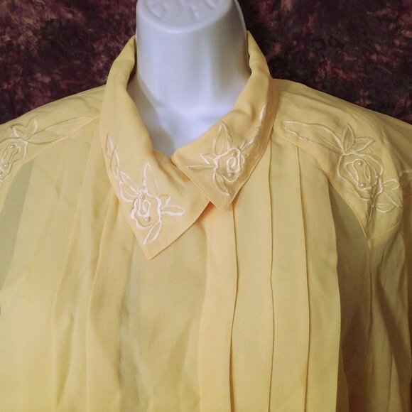 Vintage 80s Allison Smith Sheer Pleated Blouse Top -16 Flower Beads Yellow Flaws - Picture 5 of 9